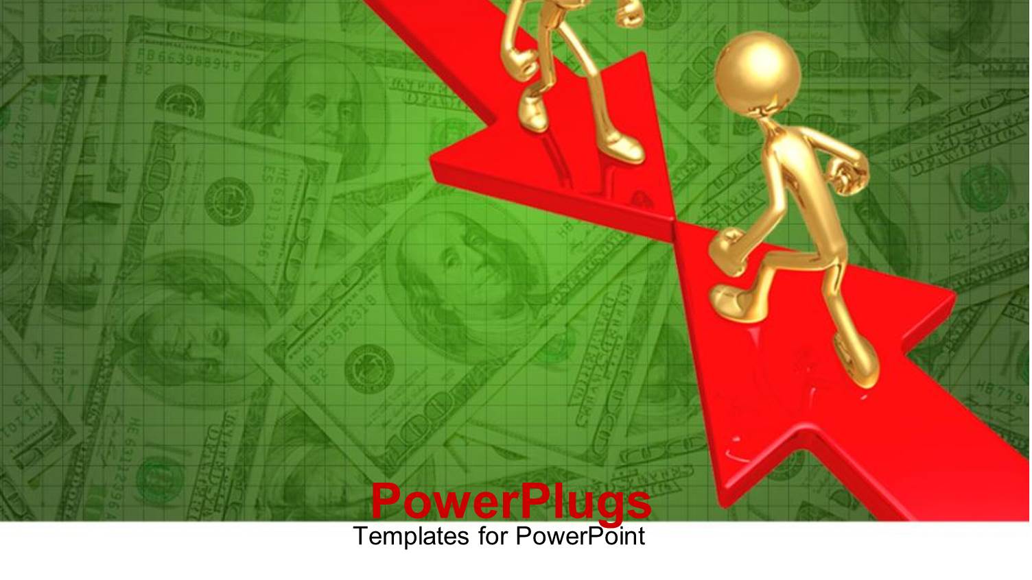 Two Gold Figures Facing off Standing on Red Arrows