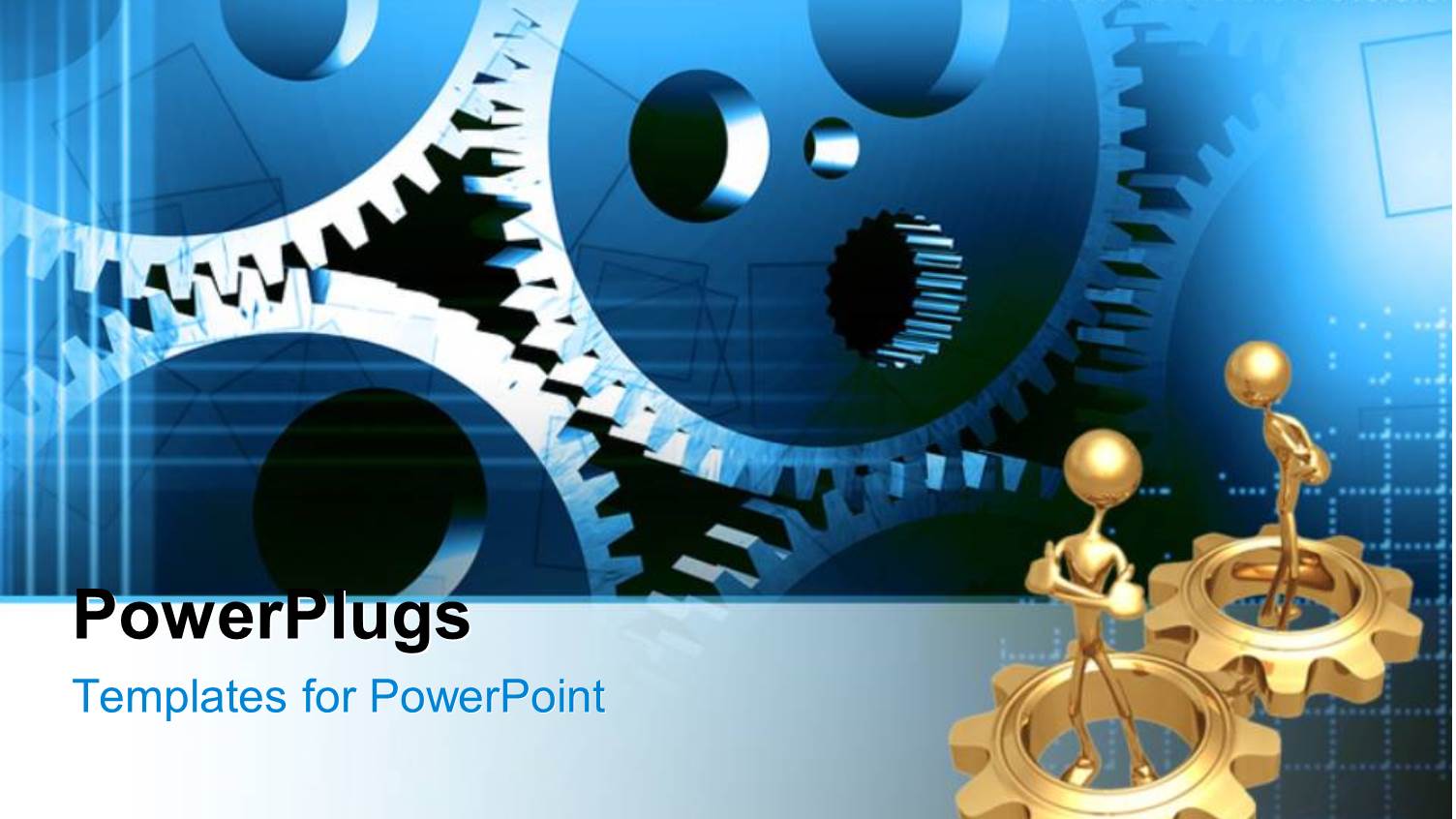 Two Gold Plated 3D Men in Gold Gears with other Connected Gears