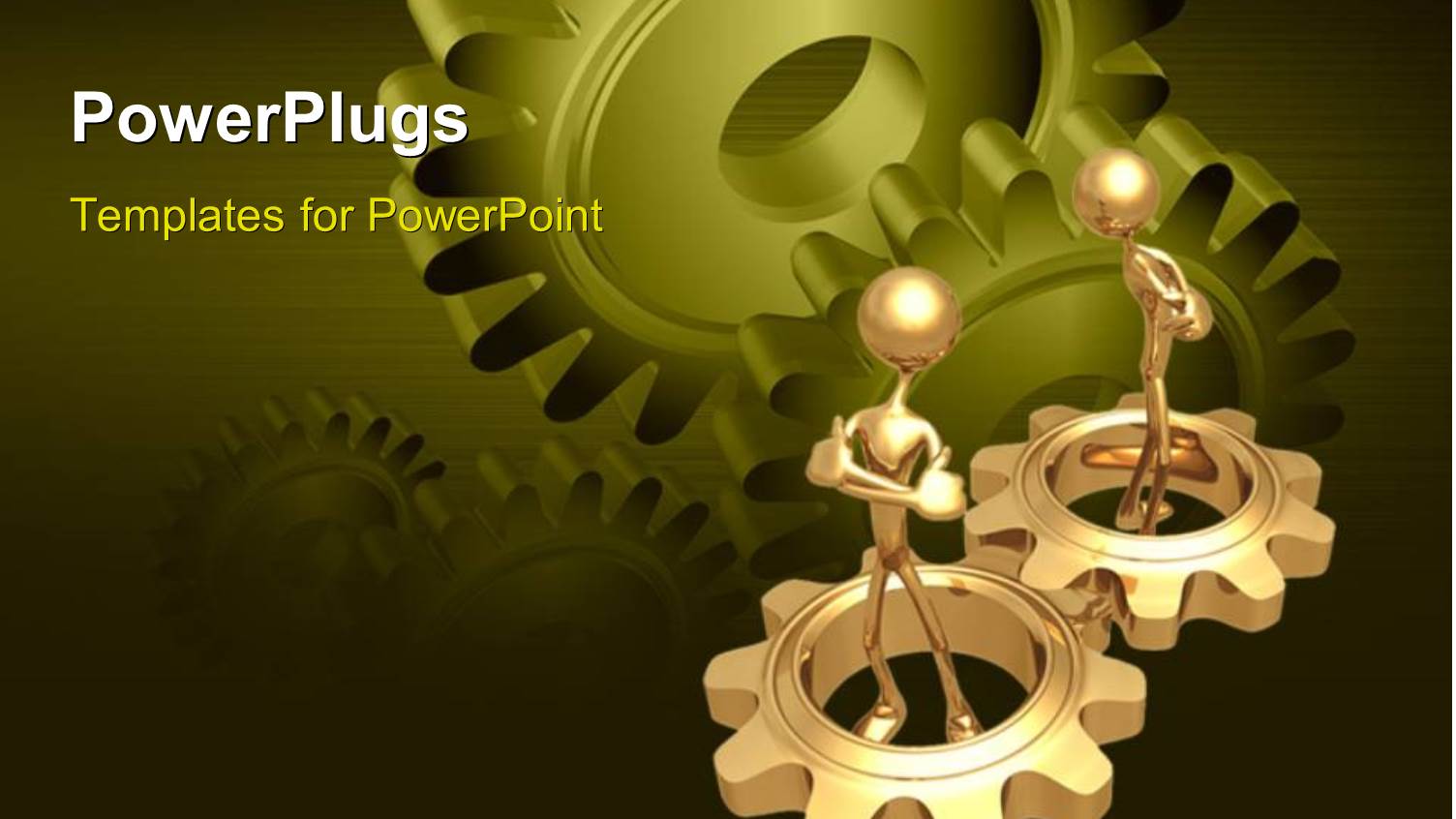 Two Gold Plated Men in Gold Gears with Green Gears in Background 