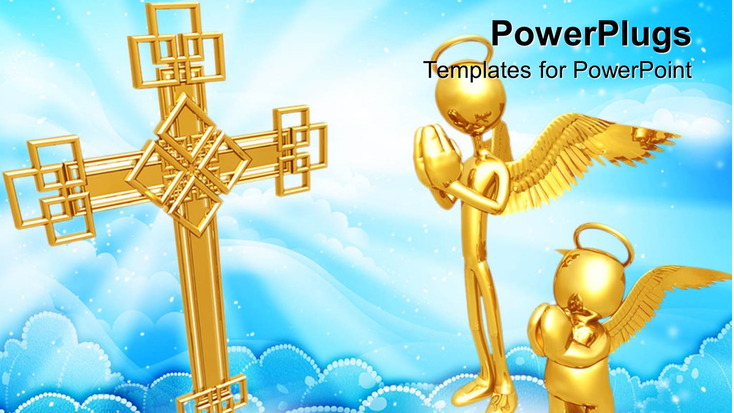 Two Golden Characters with Angel Wings Praying with a Cross
