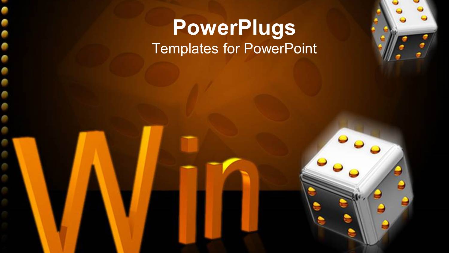 Two Gray Steel Dice with Golden Points and Orange Win Word on Dark Background