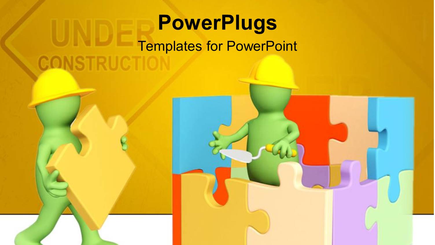 Two Green Animated Human Characters Building a Puzzles House