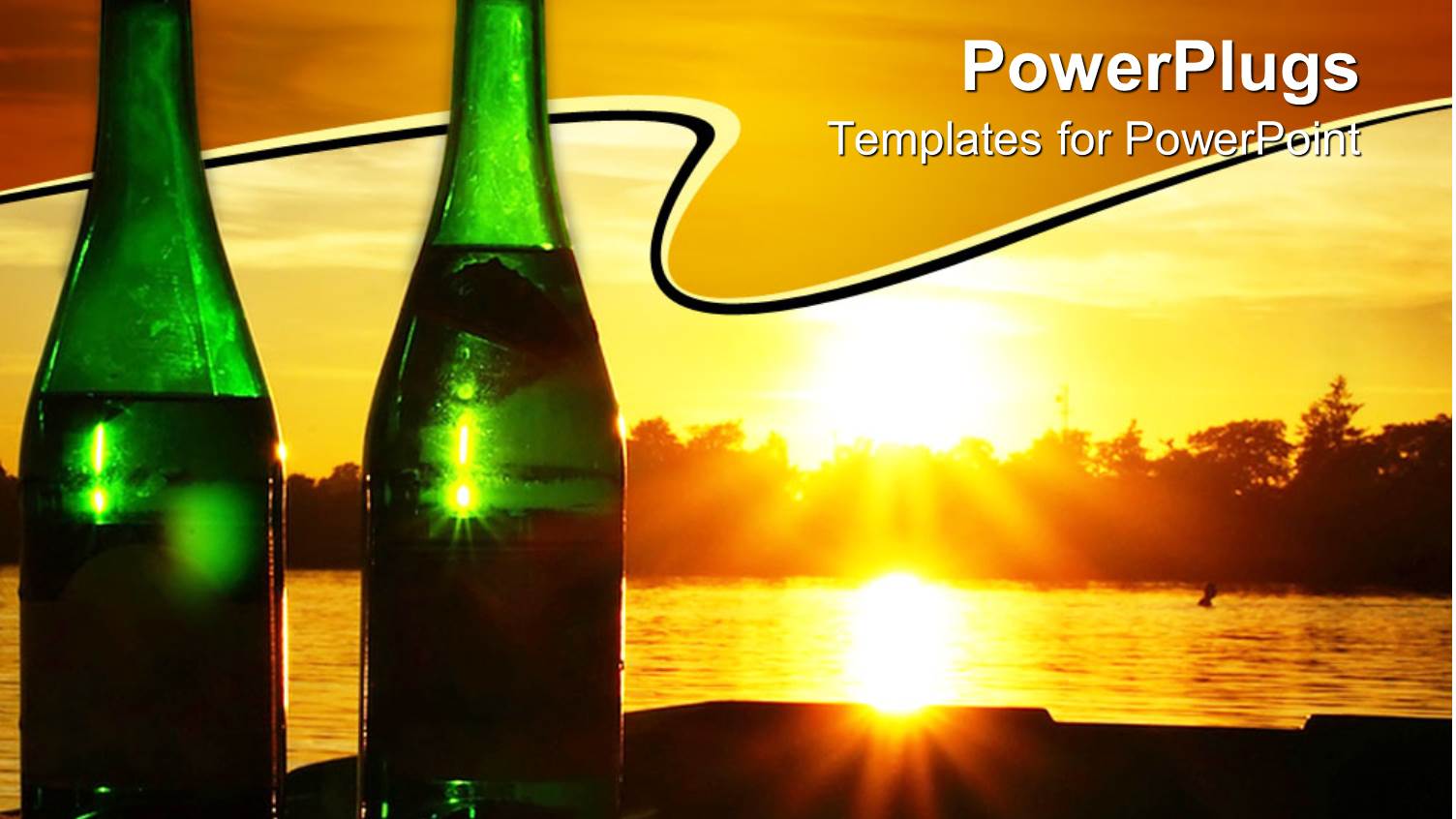Two Green Champagne Bottles with Sunset in Background