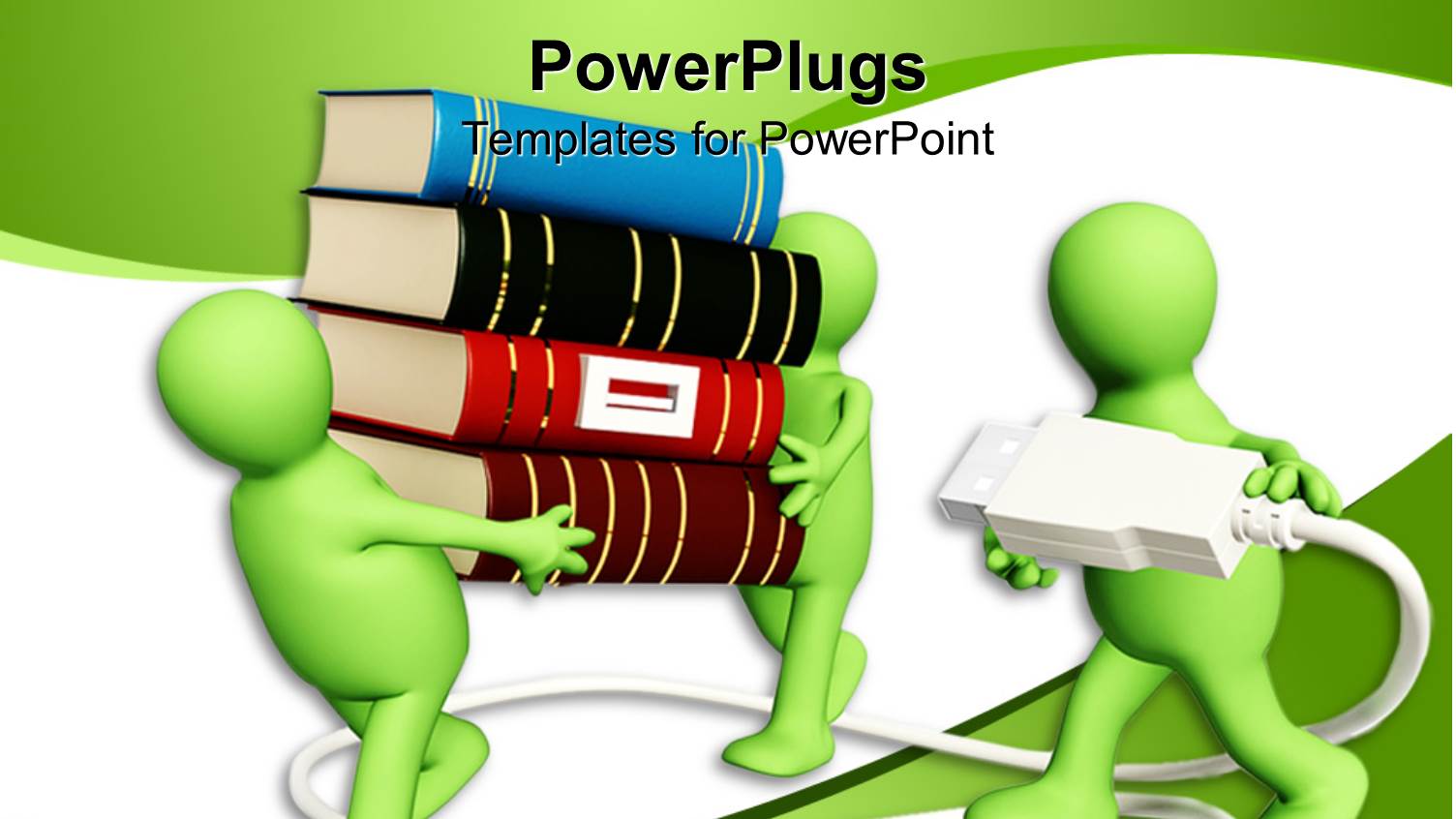 Two Green Figures Carrying a large Stack of Books, with a Third Figure Carrying a Power Cord