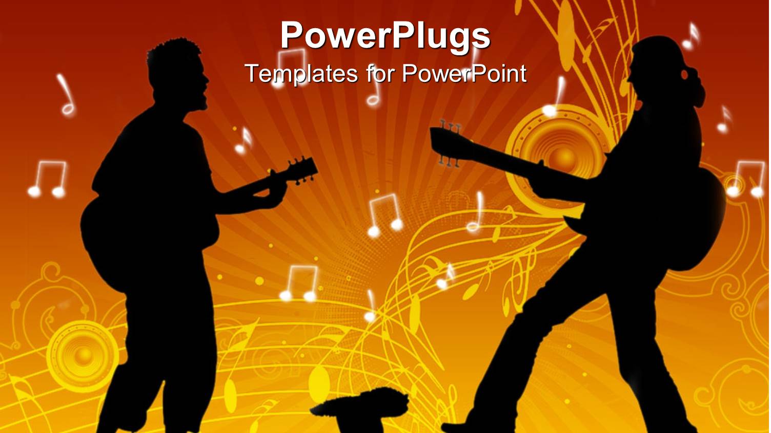 Two Guitarists Playing Thr Guitar Together with Music Notes in the Background