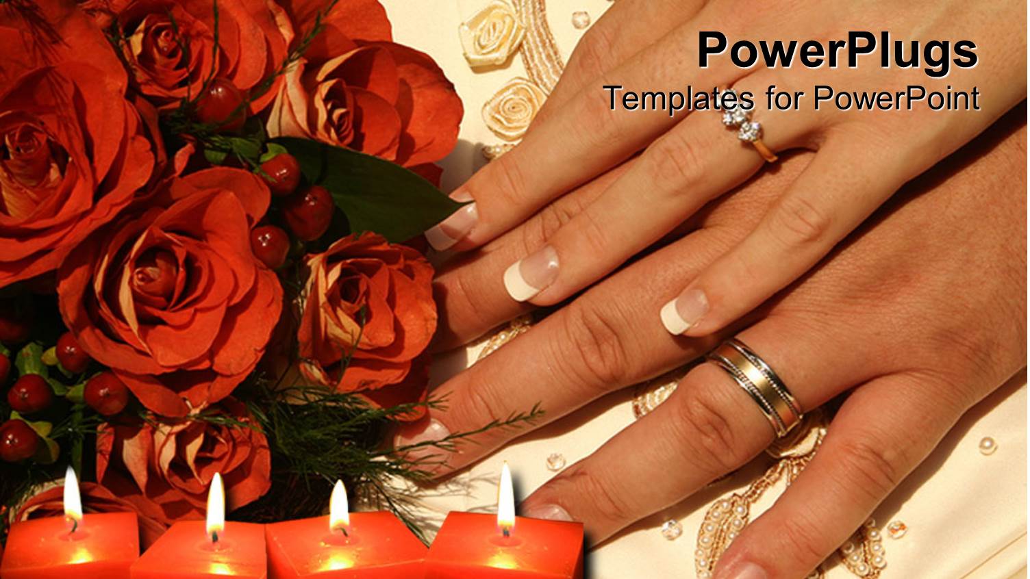 Two Hands with Engagement Ring, Wedding Bands, Burning Red Candles with Word Love, Bouquet of Red Roses
