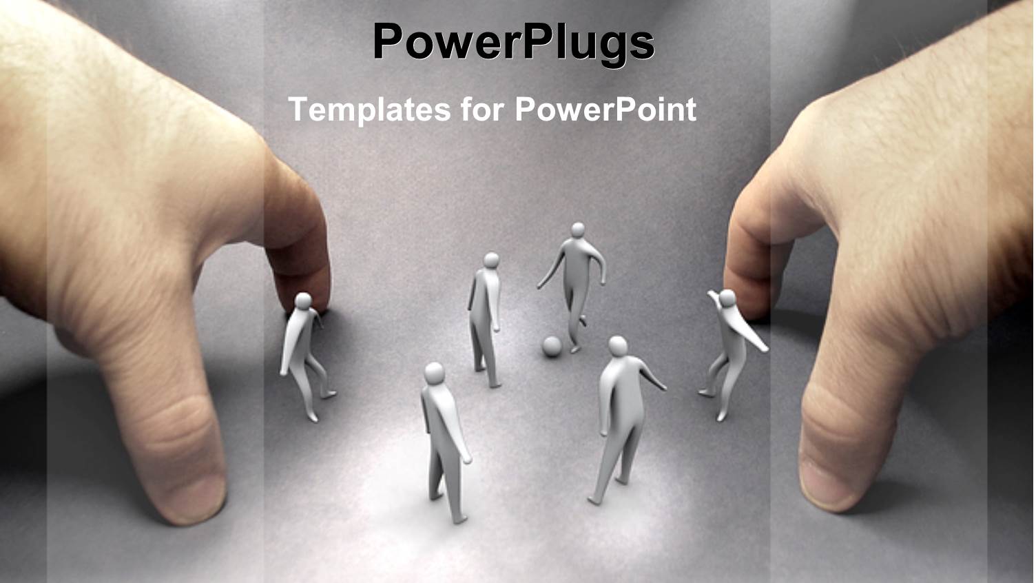 Two Hands Forming Football Goals with Six White Figures Playing Game on Gray Background