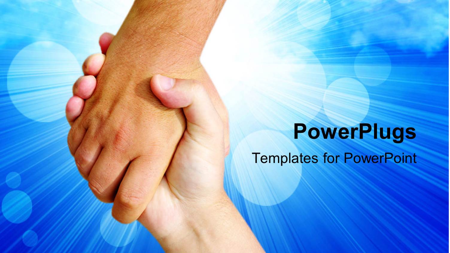 Two Hands Holding Each other on a Blue Background with Light Rays and Bubbles