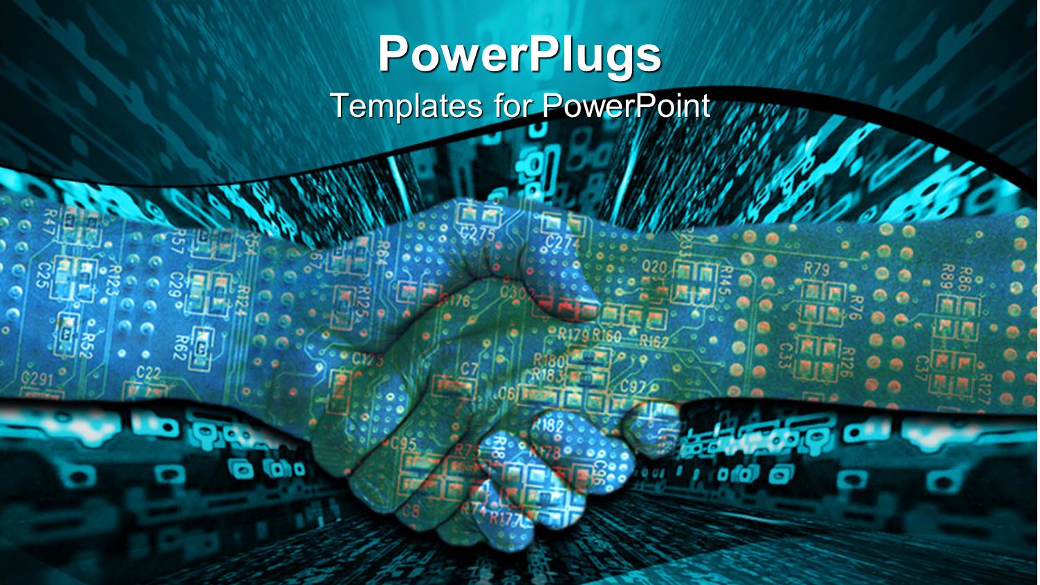 Two Hands Shaking with Circuit Board Overlay and Digital Display in Background