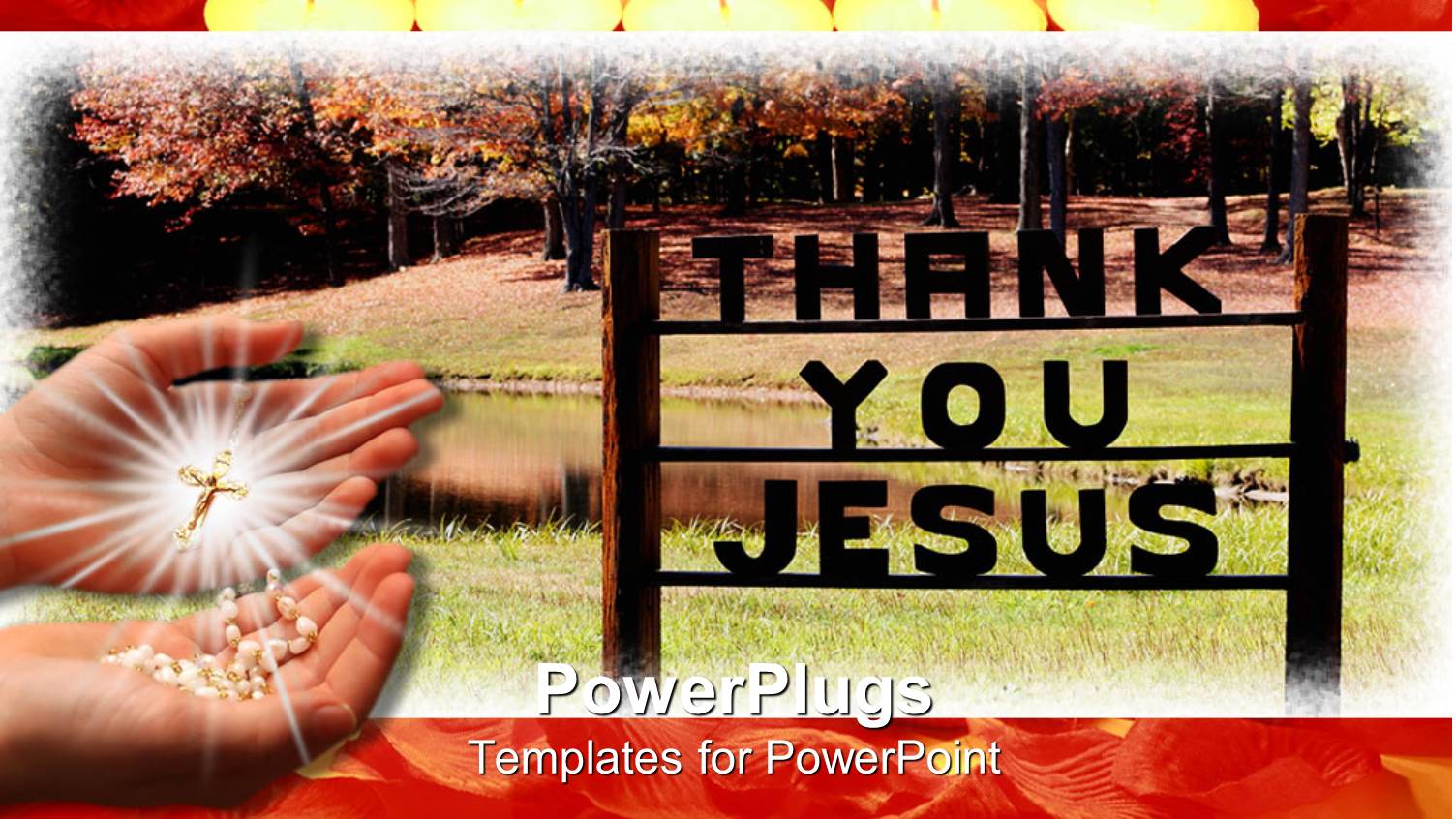 Two Hands with Shiny Rosary and Thank you Jesus Text