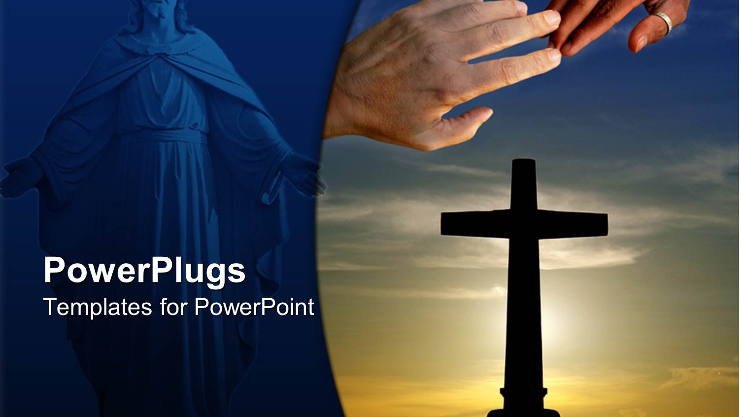 Two Hands Touching with an Image of Jesus and a large Cross