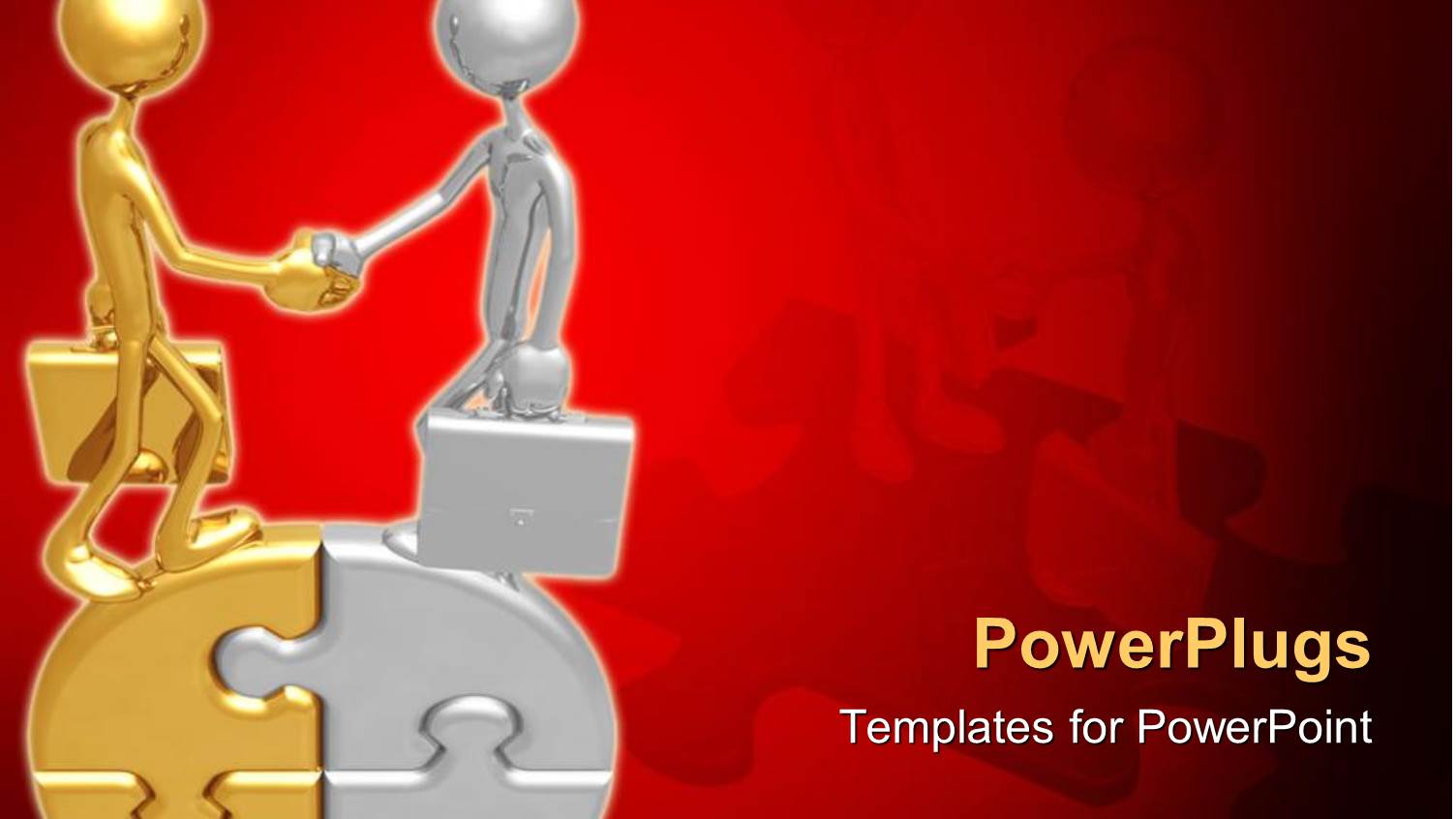 Two Human Figures Standing on a Gold and Silver Puzzle Shaking Hands