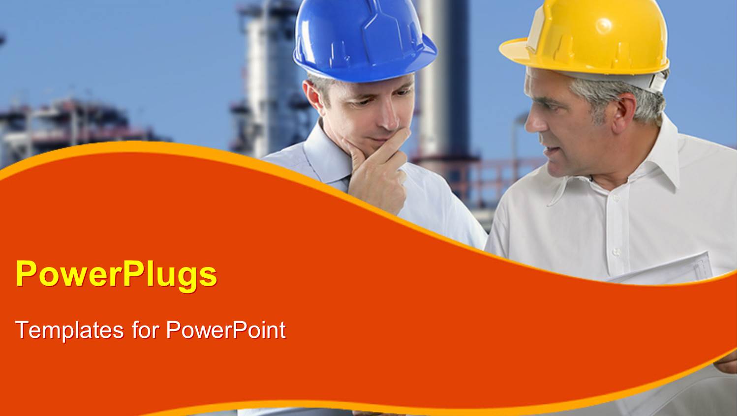 Two Industrial Engineers with Protective Helmet Over Industrial Plant