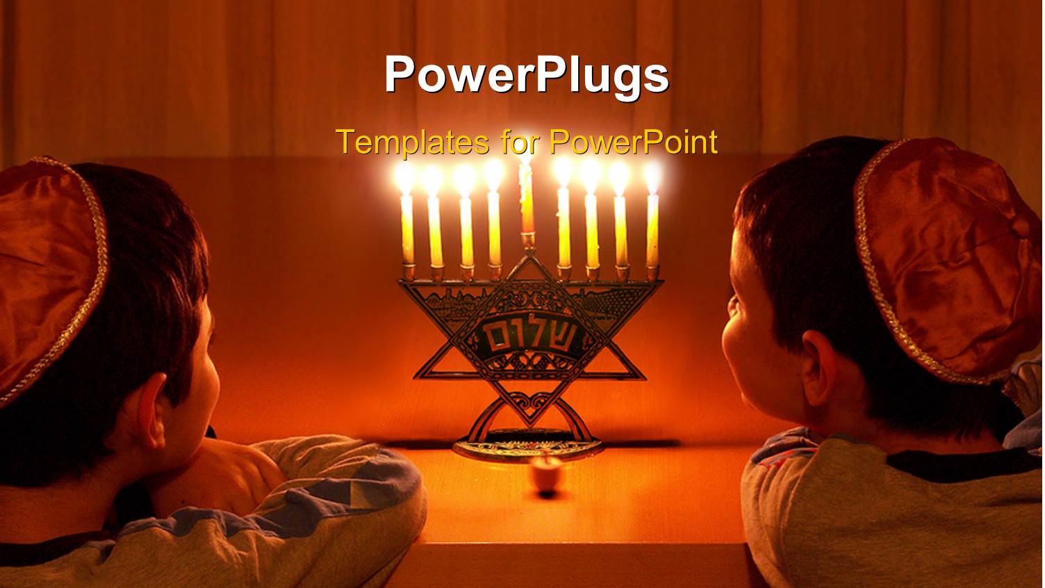 Two Jewish Boys Steering at Seven Lit Candles on a Religious Ornament