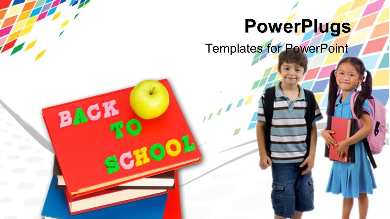 Two Kids Dressed for School with Pile of Books on Orange Background