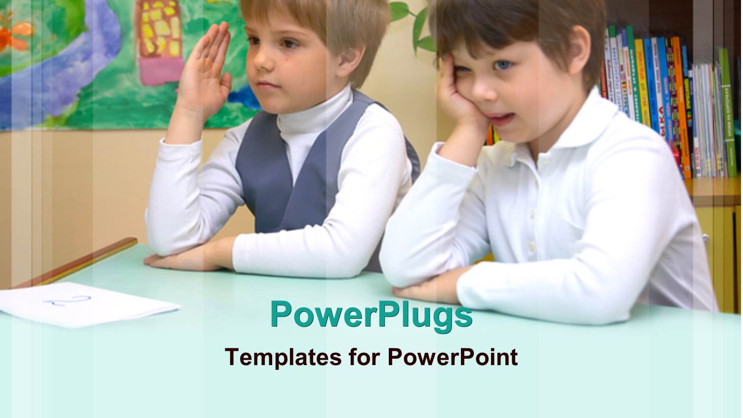 Two Kids Trying to Answer a Question with Books in the Background