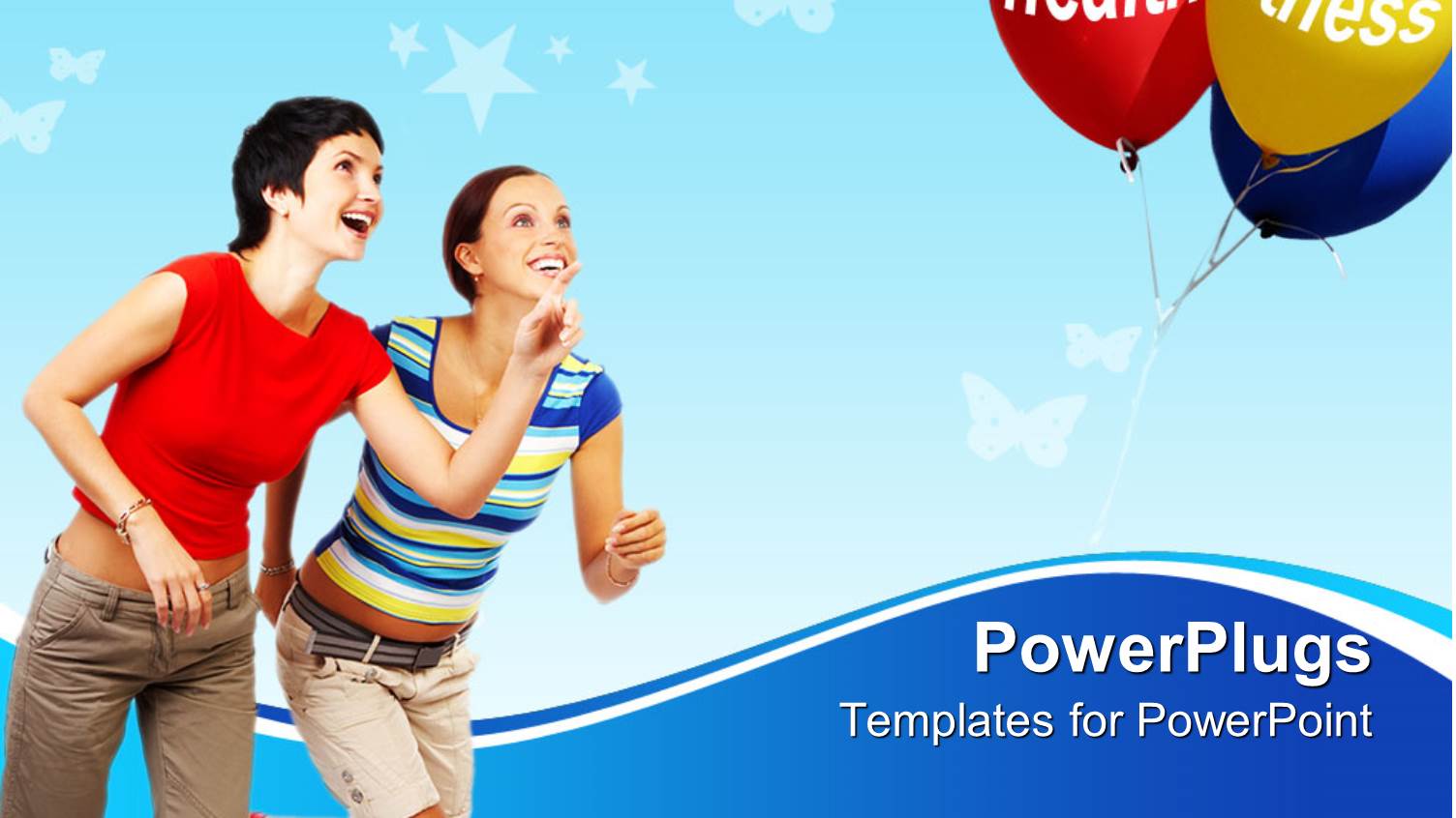 Two Ladies Running Towards a Bunch of Balloons with the Text Health and Fitness