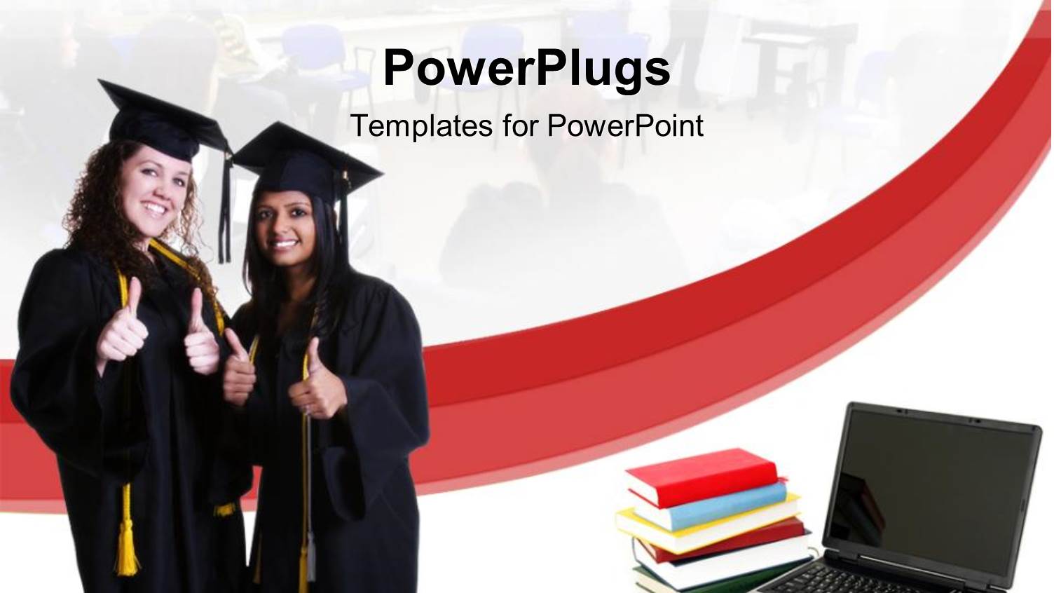 Two Ladies Wearing Graduation Gowns with Thumbs Up, Stack of Books, Laptop and a Mouse