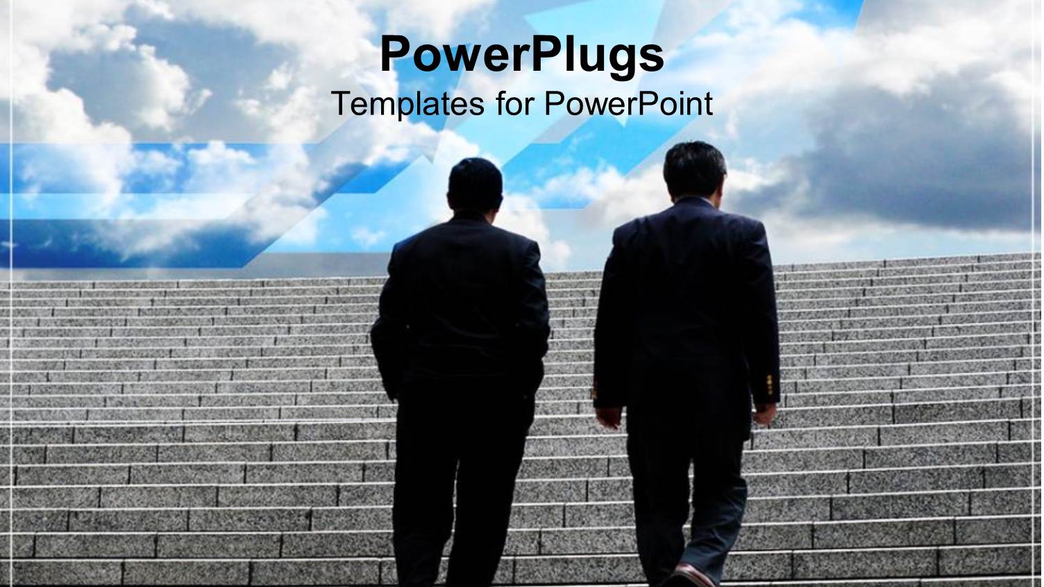 Two Men Dressed in Suit Climbing Up Stairs to Blue Cloudy Sky