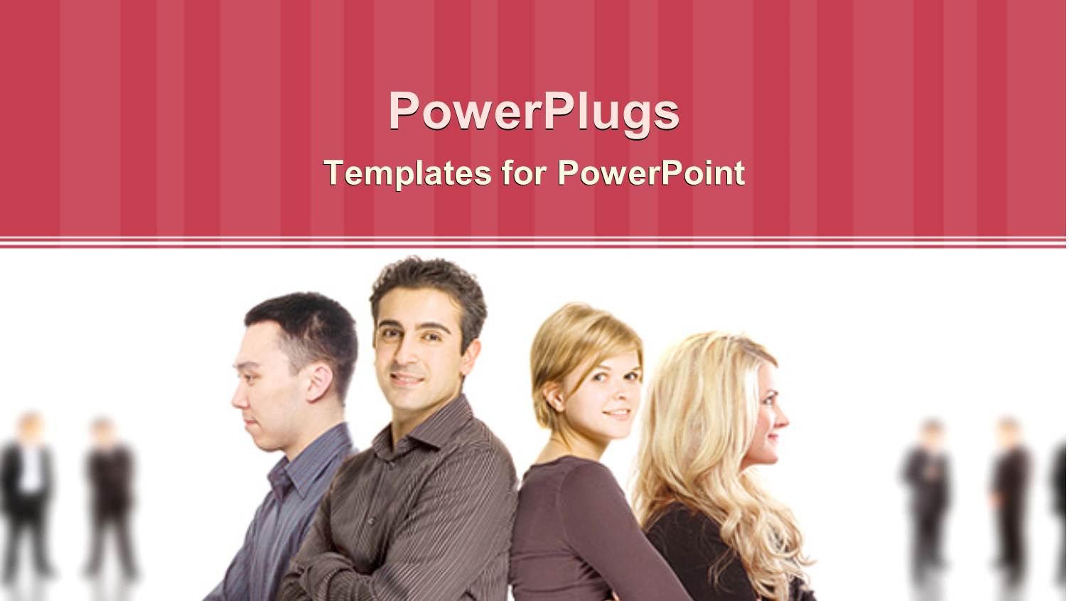 Two Men and Two Women Standing Back to Back with Business People Standing in the Faded Background