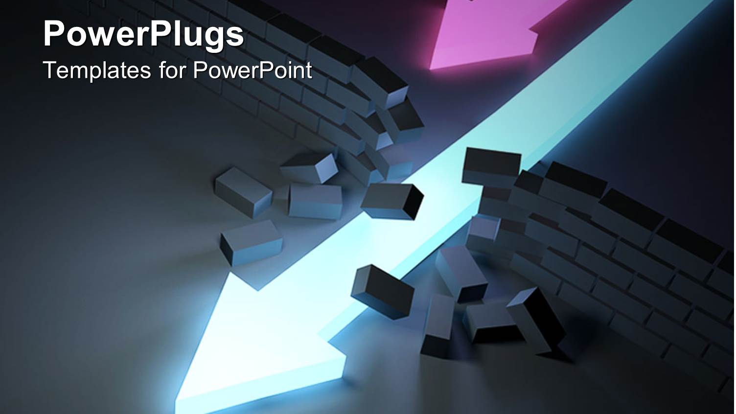 Two Neon Pink and Bright Blue Glowing Arrows Running Through a Brick Wall