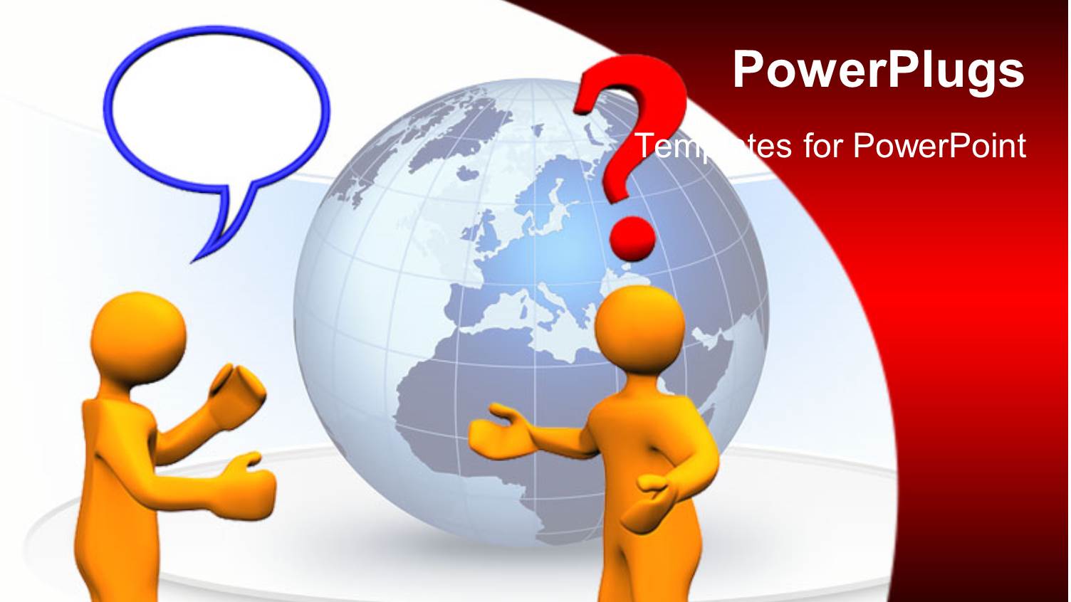 Two Orange Figures with Question Mark and Conversation Bubble in Front of Gray Globe