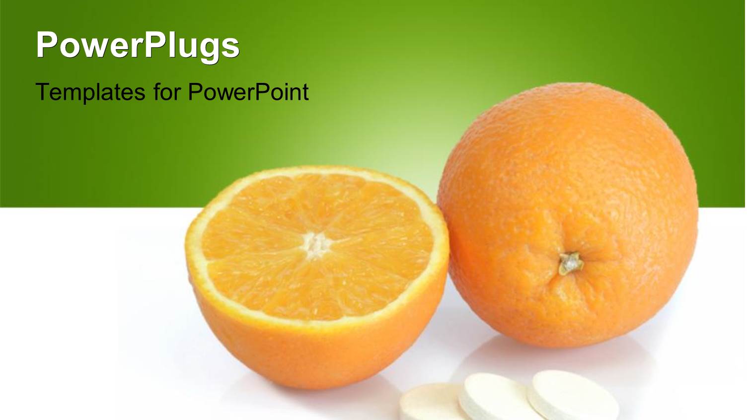 Two Oranges with some White Colored Pills Beside them