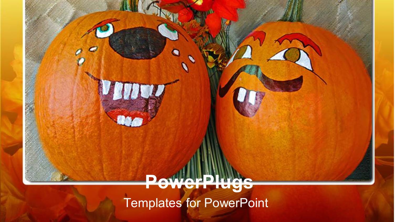 Two Painted Halloween Pumpkins with a Bunch of Flowers