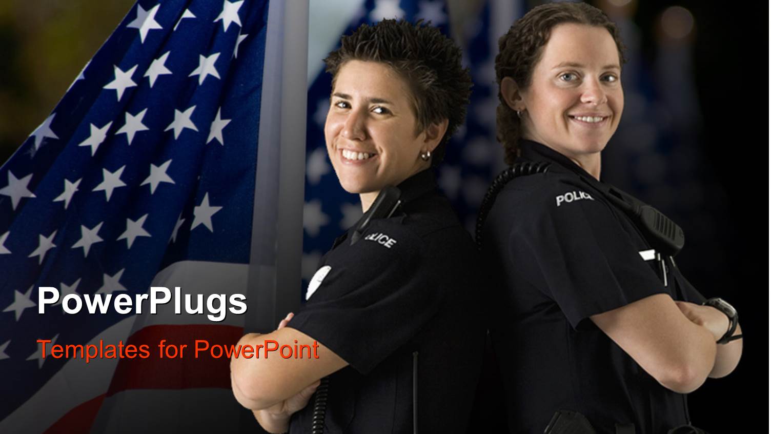 Two Police Officers with Backs Against Each other and American Flag in Background 