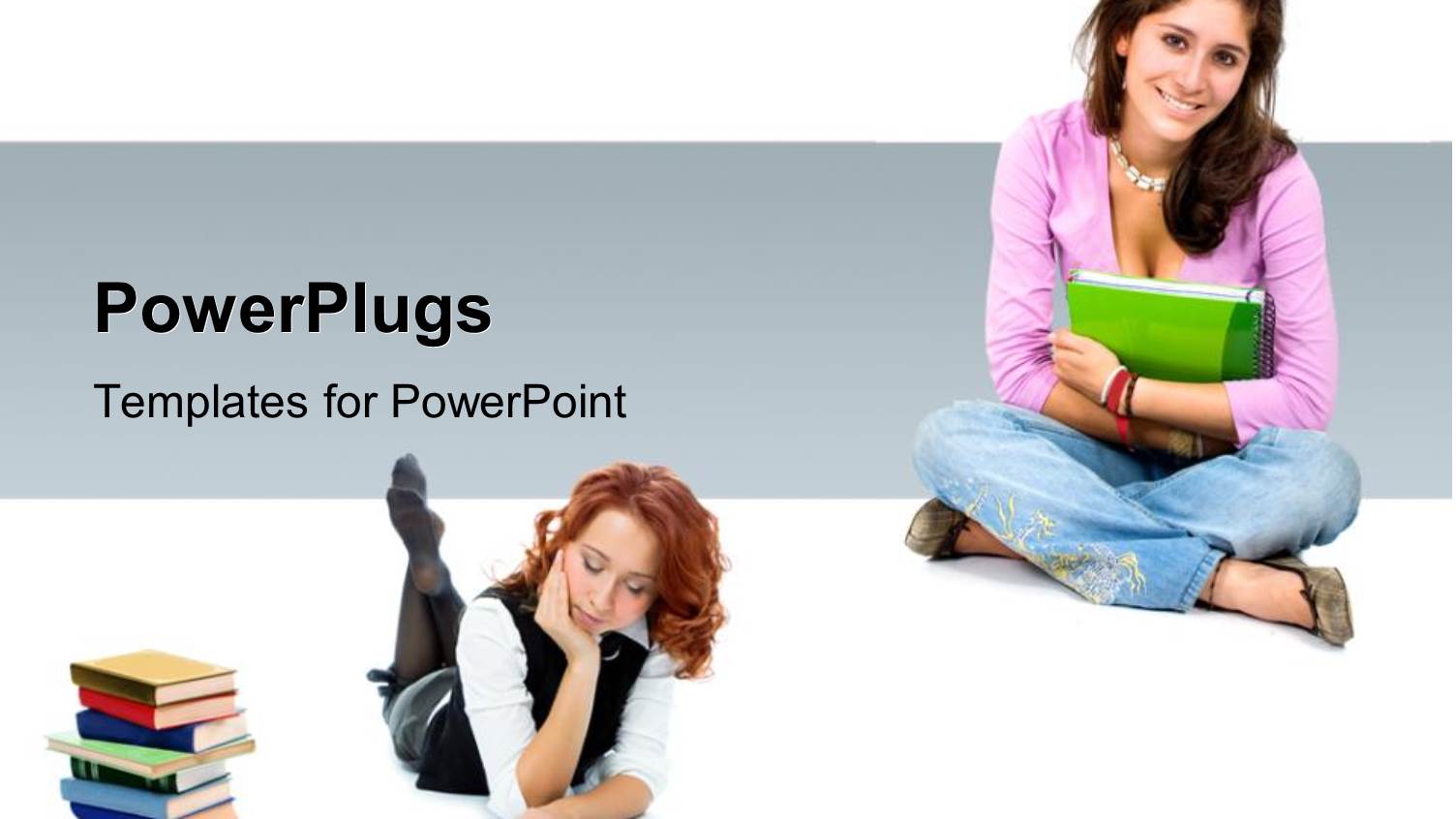 Two Pretty Ladies Reading Books and Smiling with a Pile of Books Beside them