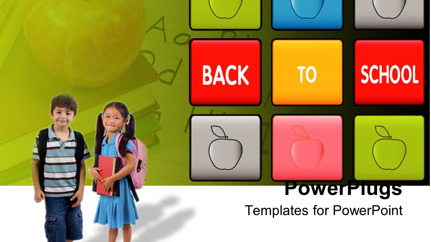 Two Pupils, Boy and Girl with Schoolbags and Books, Colorful Blocks with Apples and Back to School Words