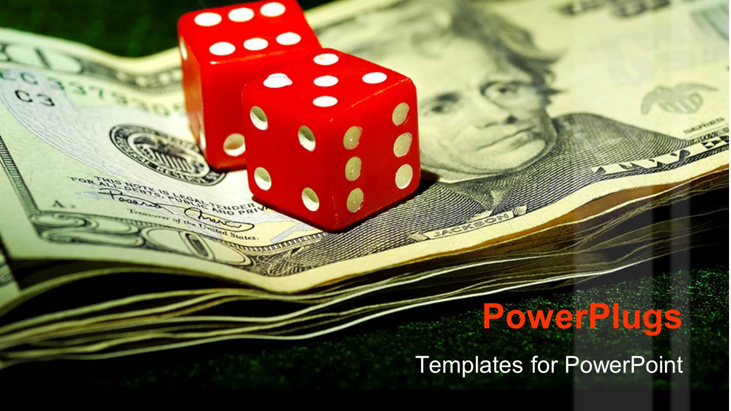 Two Red Colored Dice on some Dollar Bills on a Green Surface