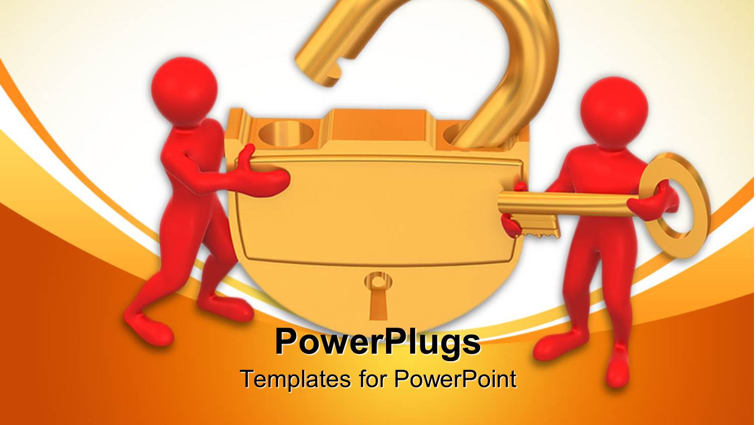 Two Red Human Figures Opening a large Golden Padlock