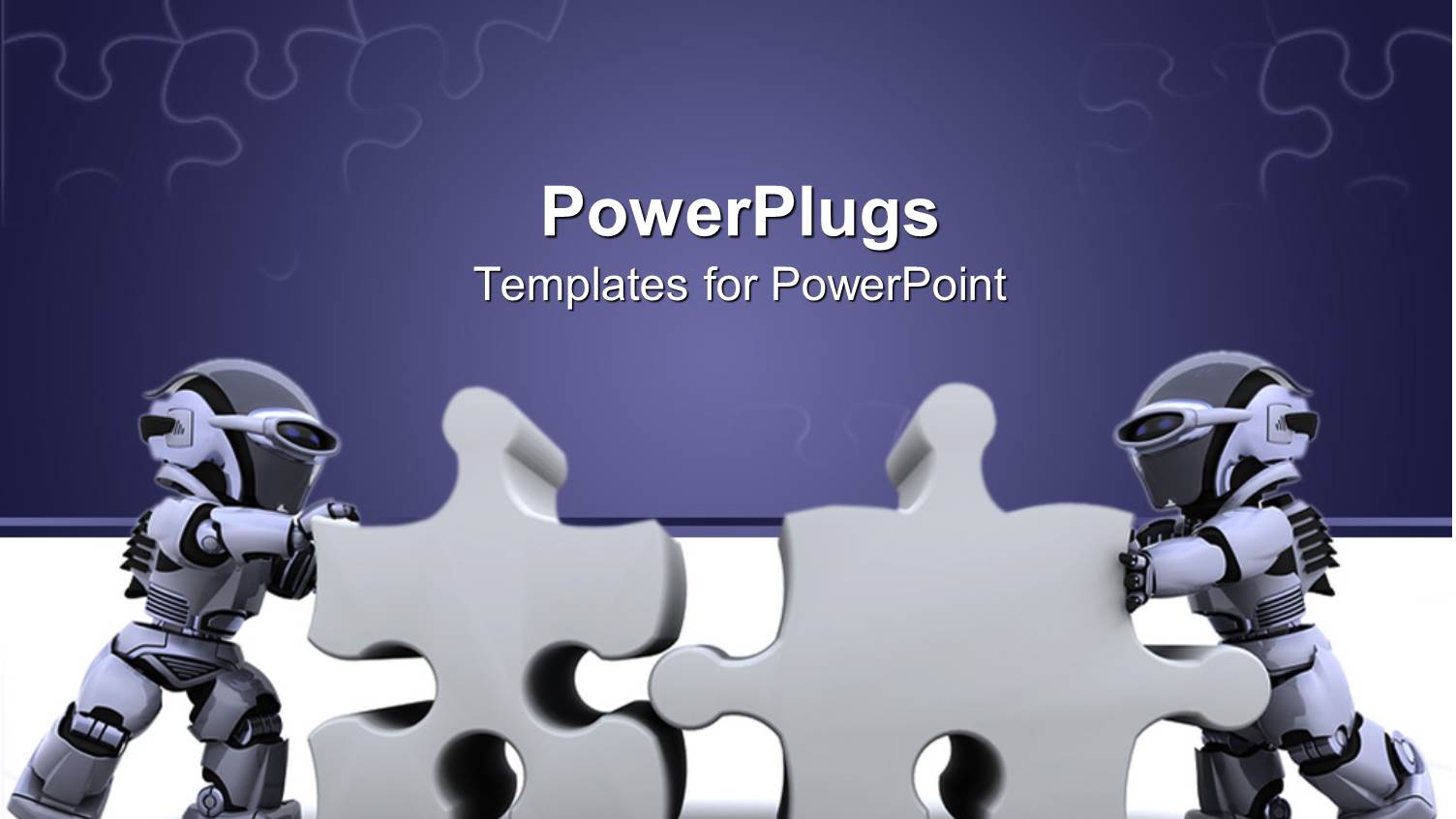 Two Robots Holding Jigsaw Puzzle Pieces on Jigsaw Puzzle Purple and White Background