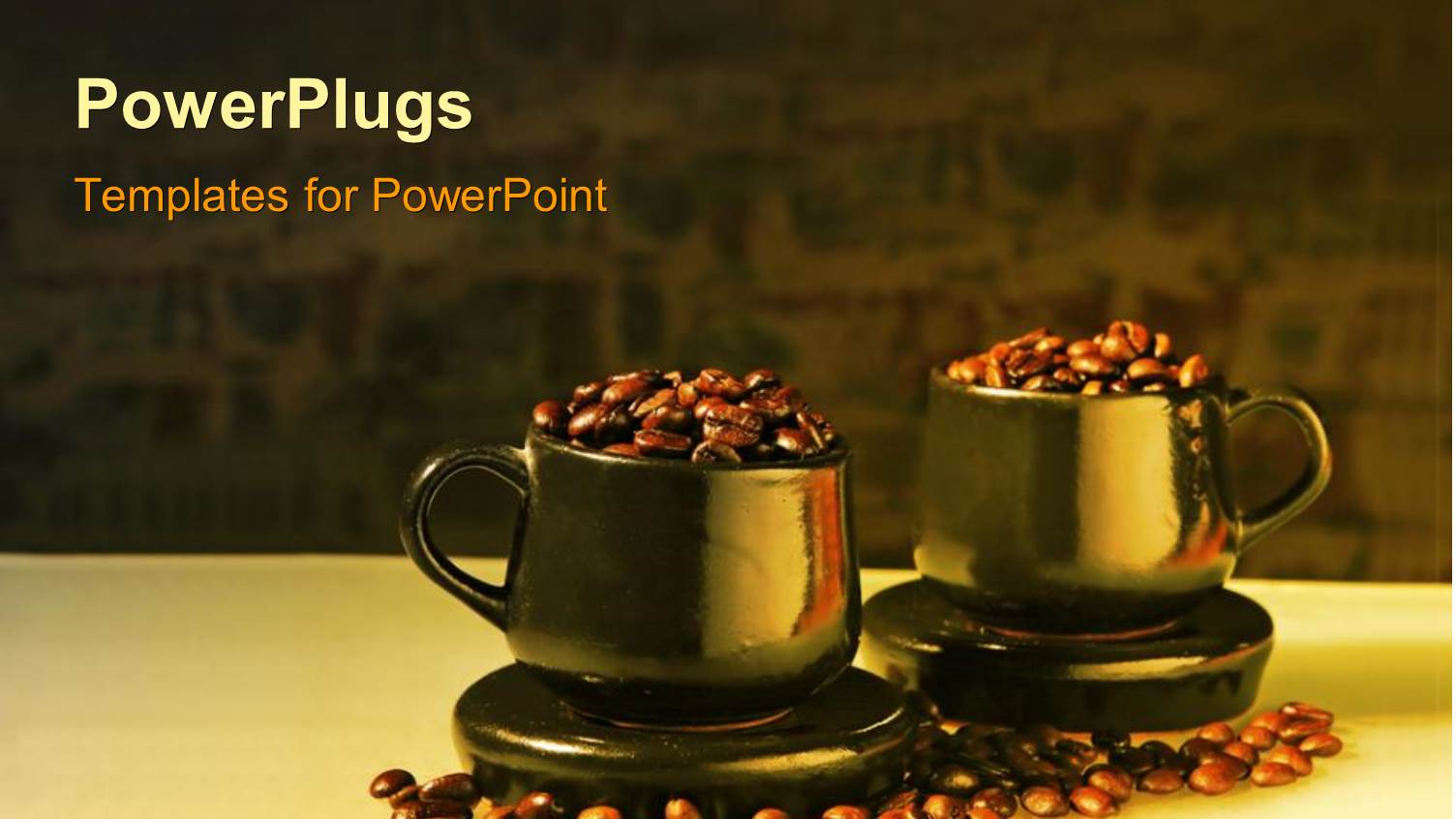 Two Shiny Cups Filled with Coffee Beans with Coffee Beans on Surface