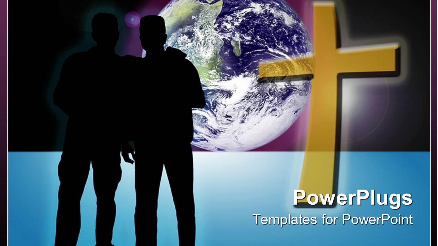 Two Silhouettes Standing Next to Gold Cross in Front of Planet with Purple Background