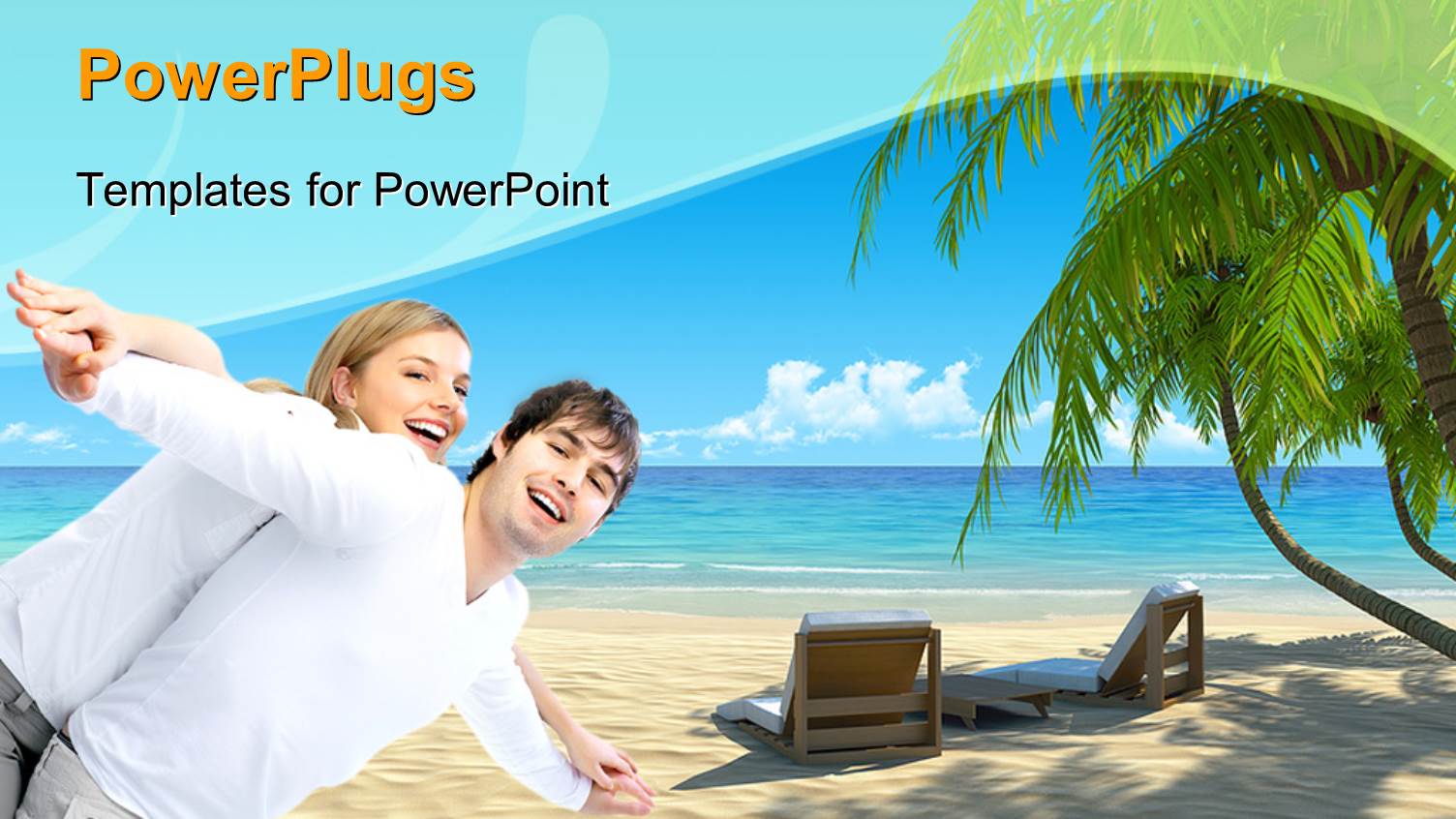 Happy Young Couple Spend Vacation at Tropical Beach with Blue Sky