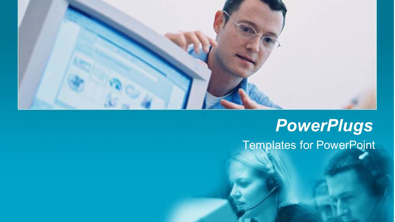 Two Tiles of Three Adults Wearing Headphones and Pointing at a Computer