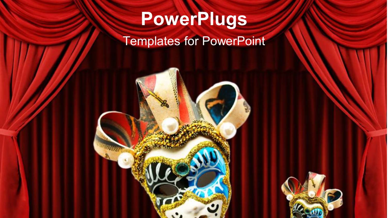 Two Venetian Masks on Red Theater Curtains Background, One large Venetian Mask and One small Venetian Mask