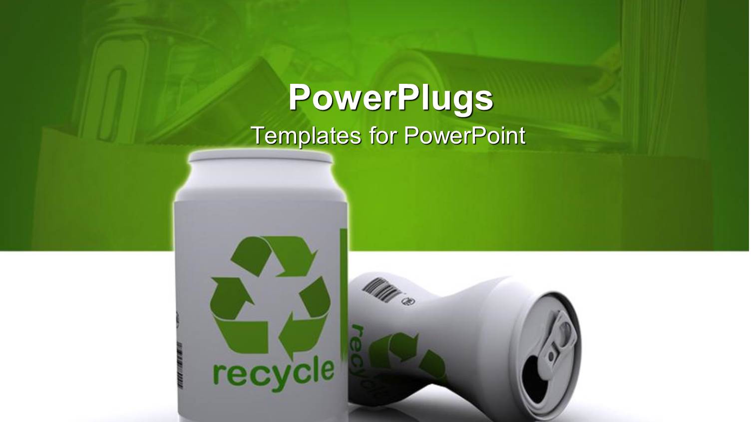 Two White 3D Aluminum Cans with Green Recycle Sign and Word on White Mirroring Table and Green Background