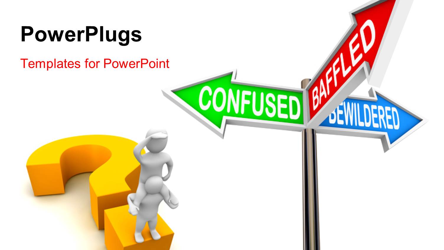 Two White 3D Characters Standing on a large Gold Colored Question Mark