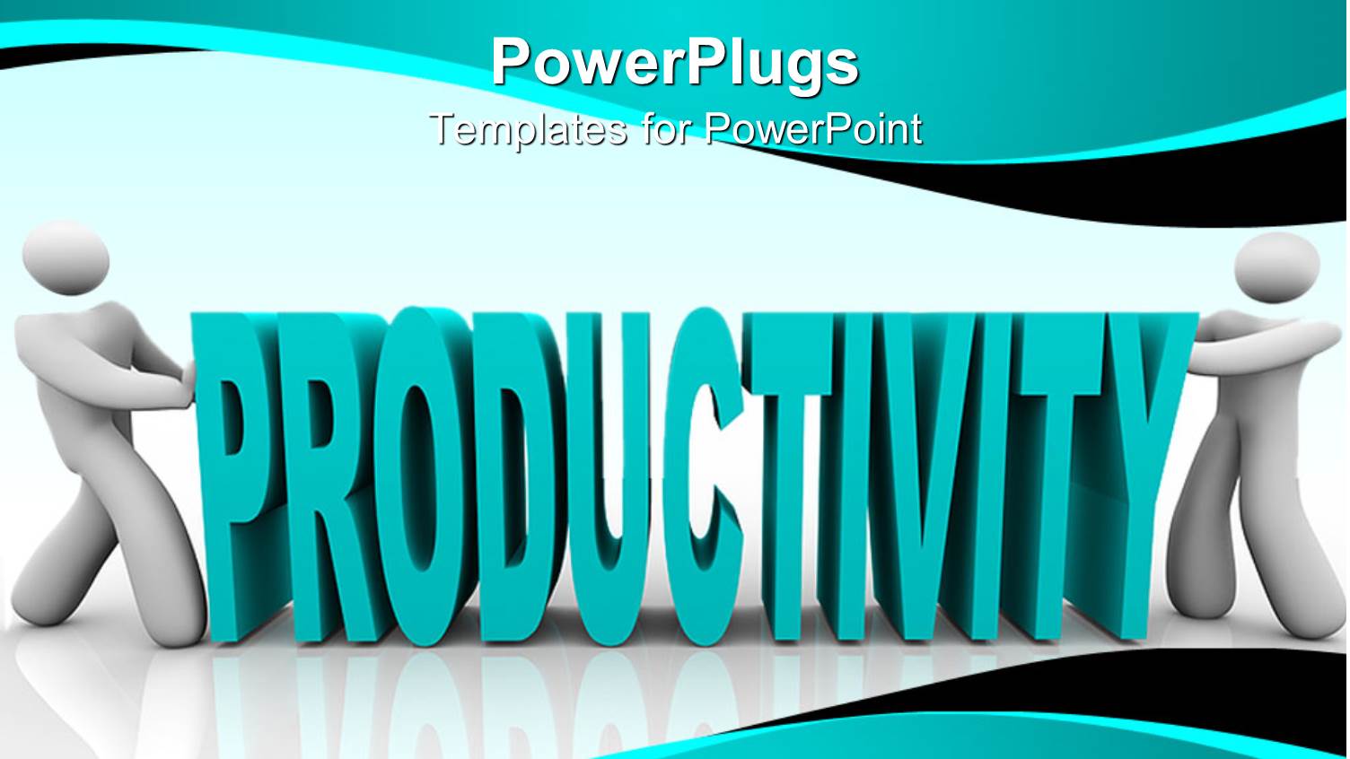 Two White 3D Figures Holding Each Extremity of Word Productivity on Teal Blue and White Background