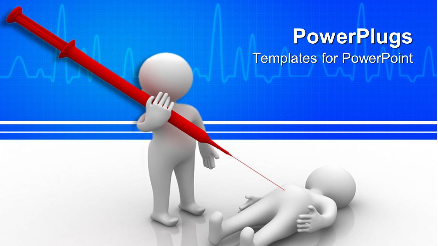 Two White 3D Figures Representing a Patient and the Doctor Holding a huge Red Injection with Needle with Heart Monitor