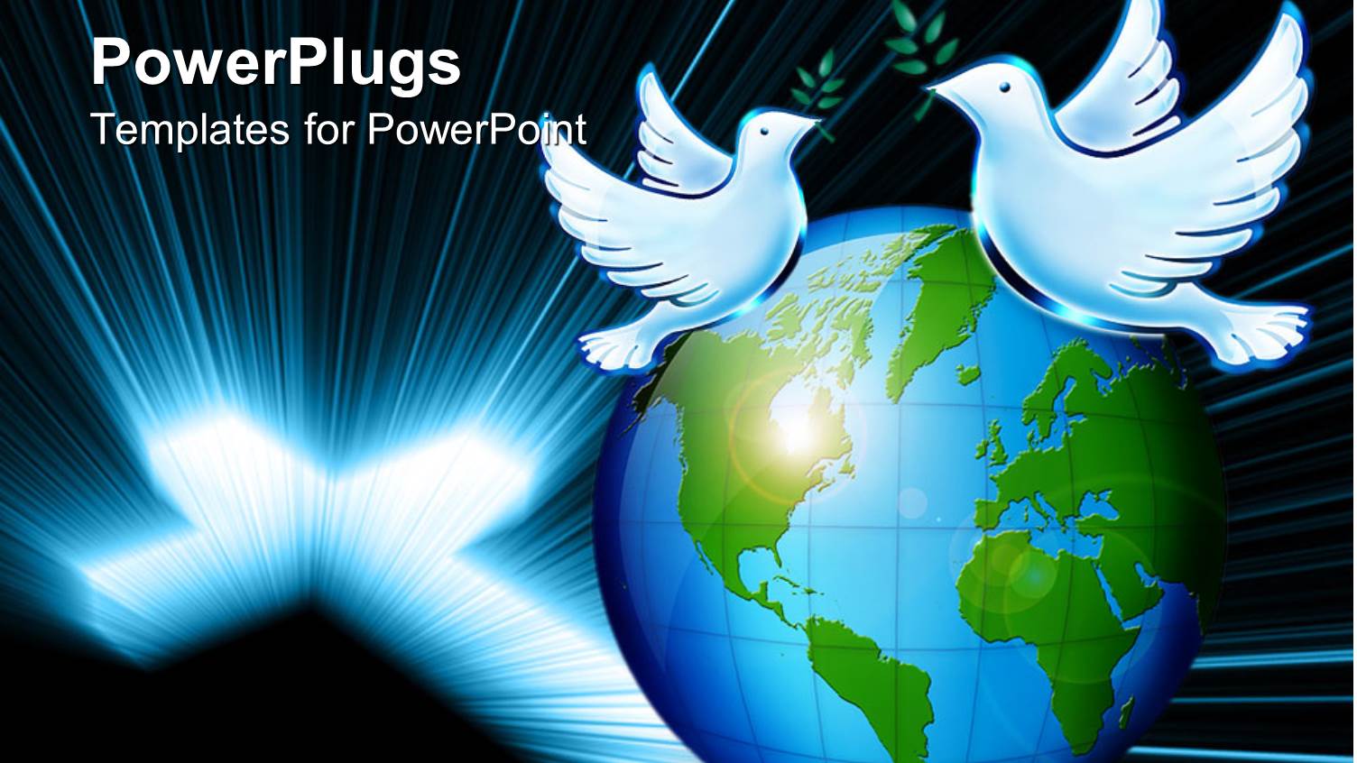 Two White Doves on Earth Globe Next to large Glowing Cross