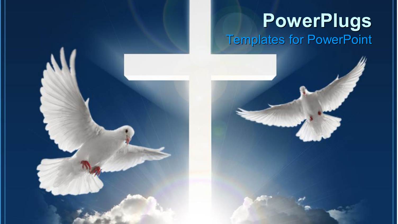 Two White Doves Flying in Blue Sky Next to huge White Cross