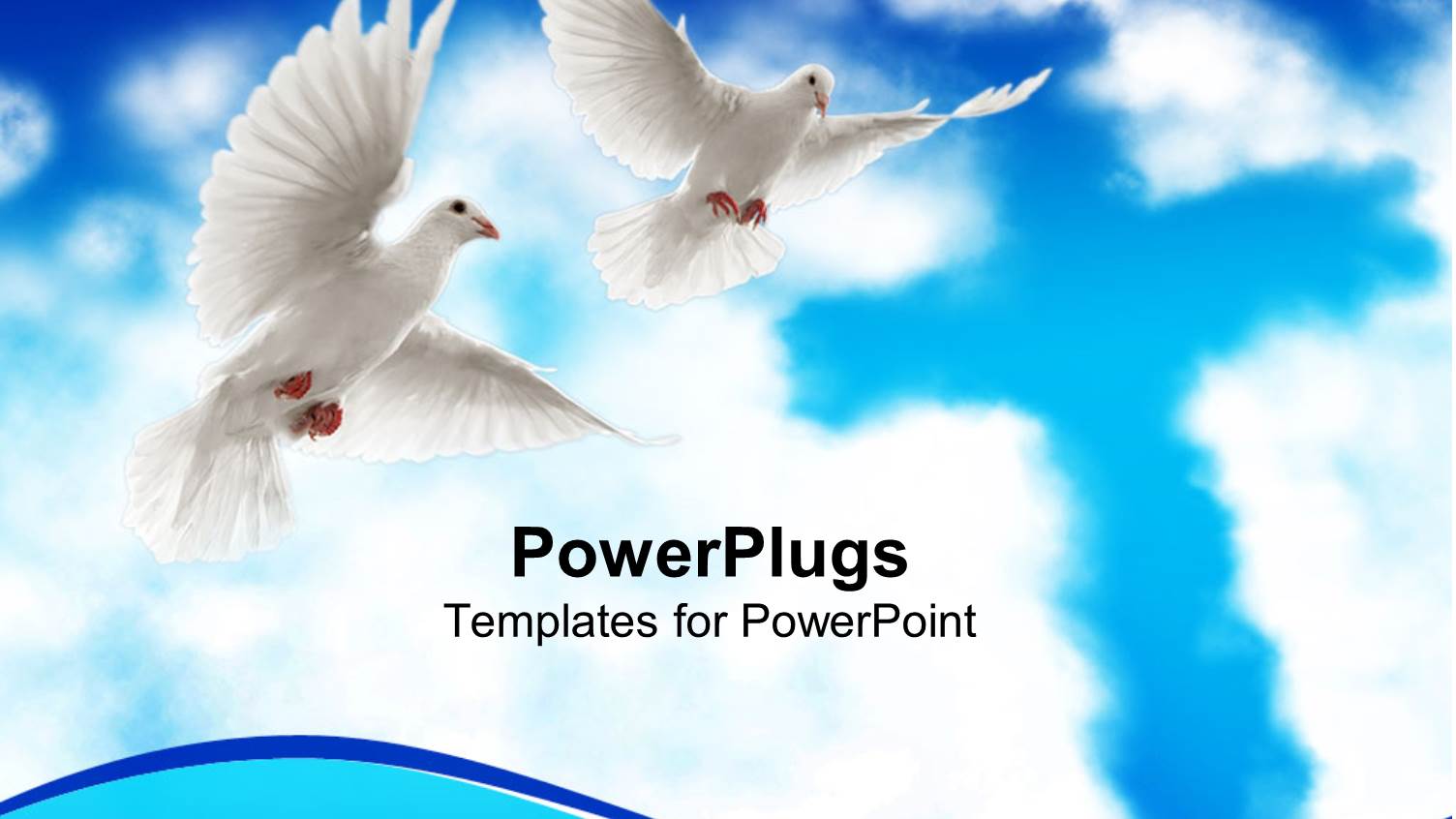 Two White Doves Flying with Wide Open Wings and Cross in Clouds on Blue Sky