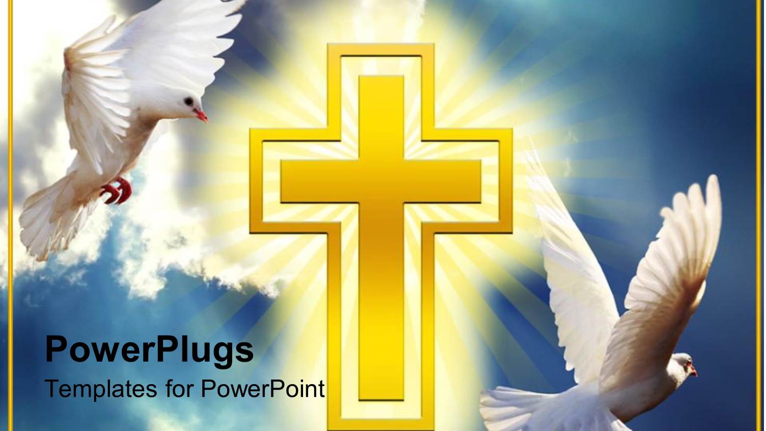 Two White Doves Soaring High in Clouds with Yellow Cross