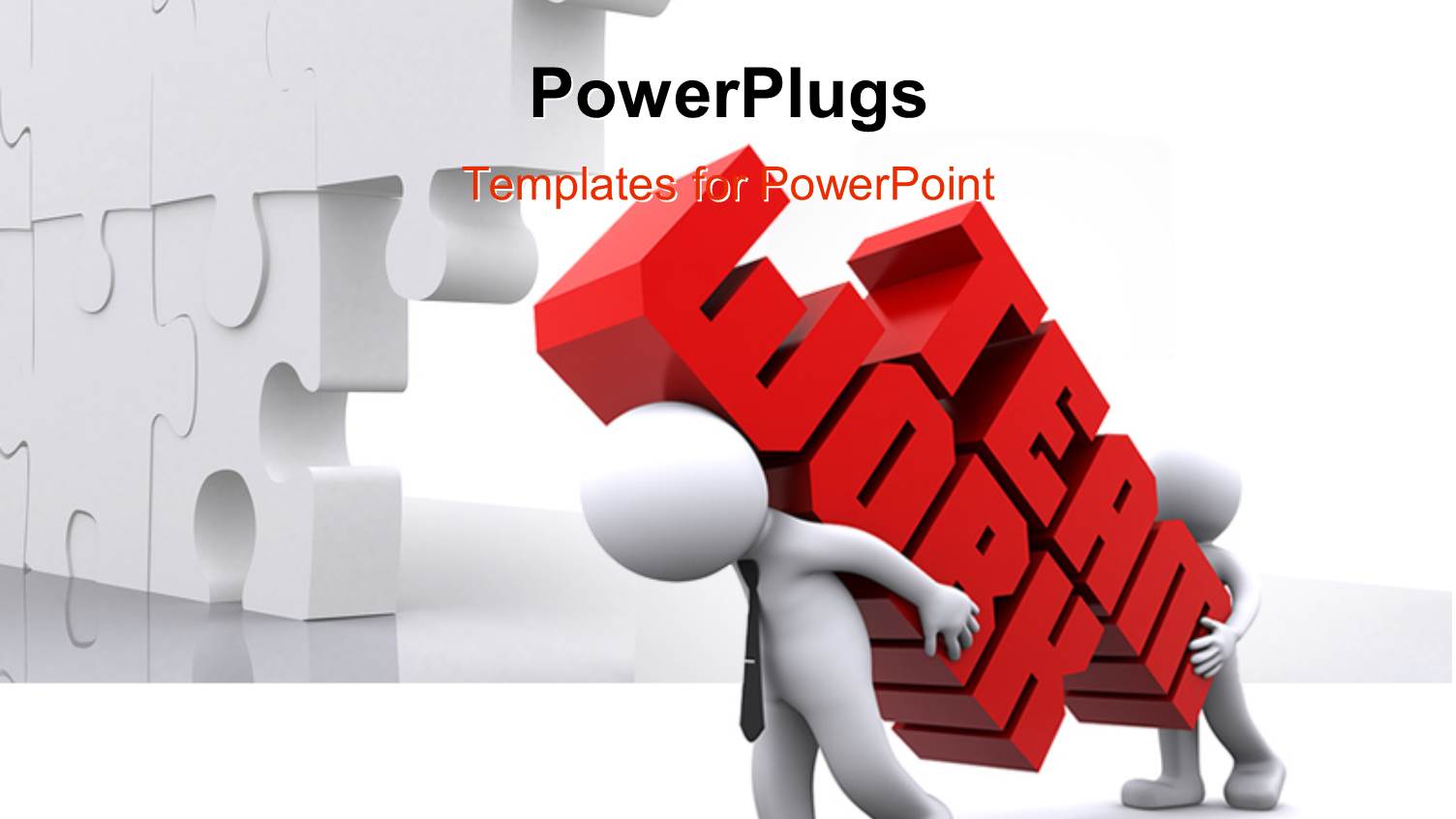 Two White Figures Carrying Words Team Work in large Red Three Dimensional Letters