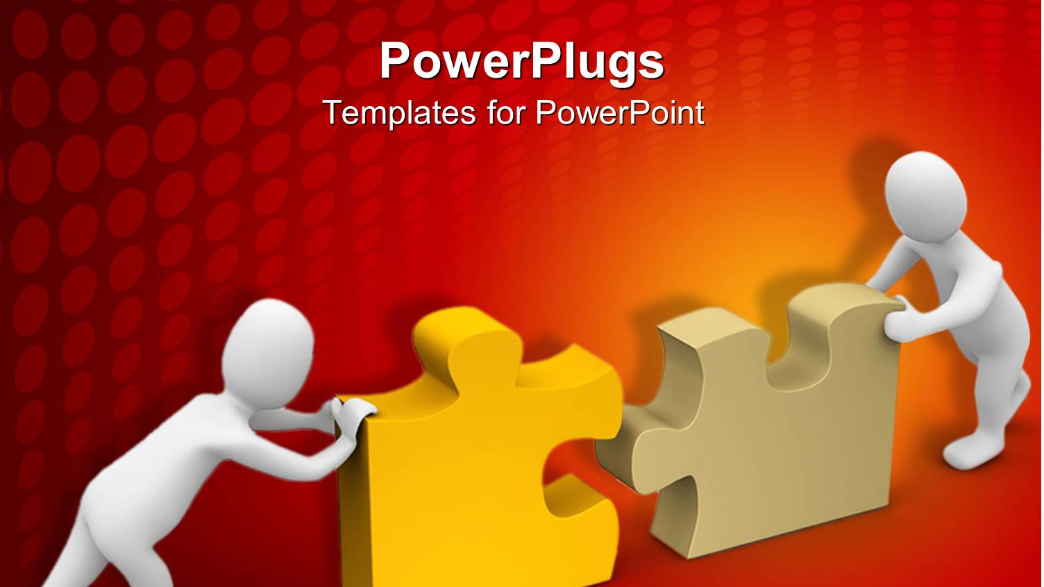 Two White Figures Pushing Yellow and Beige Puzzle Pieces Together Against Red Background