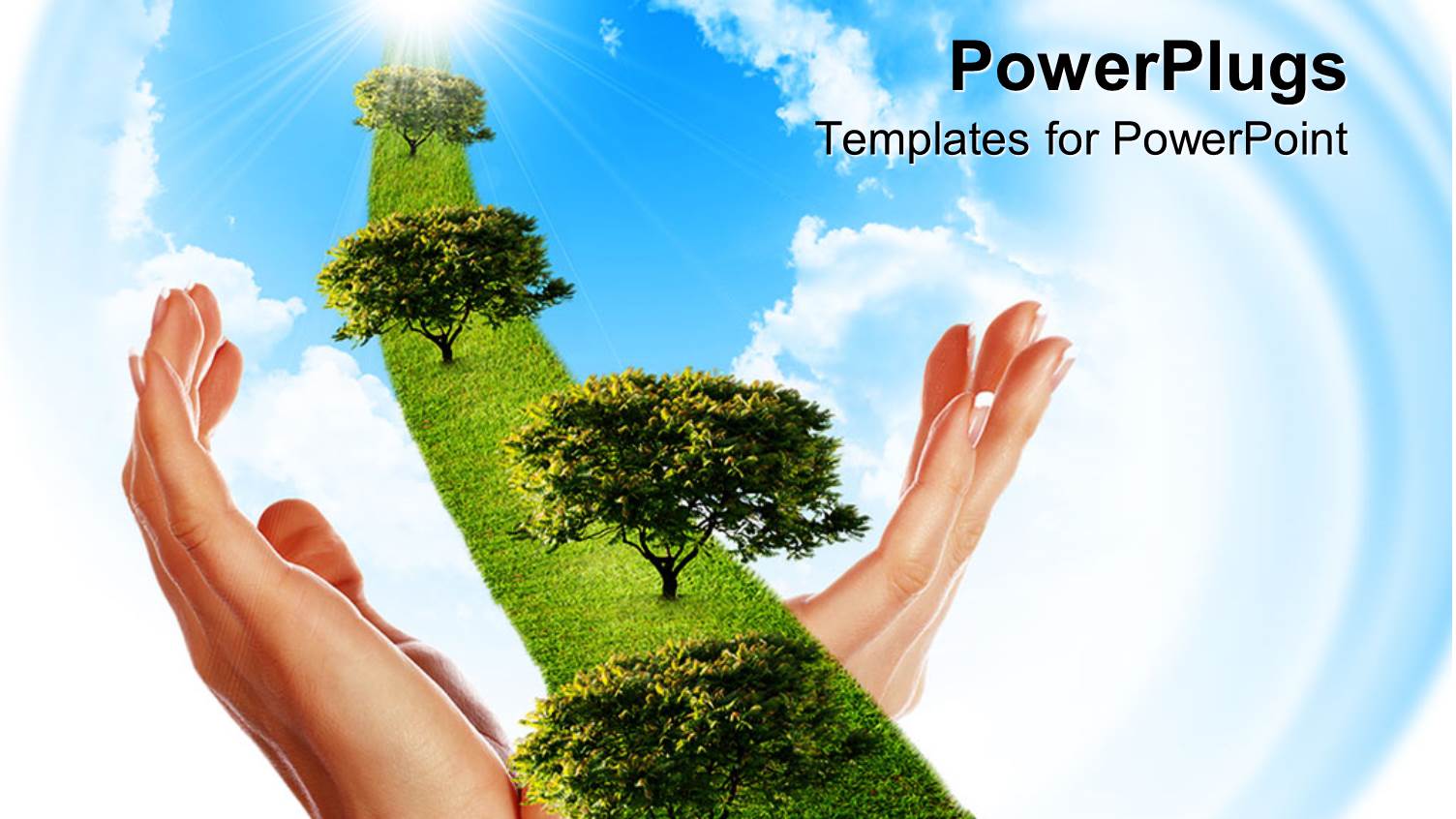 Two Woman Hands Holding a Line of Green Grass with Trees Going to Sun Through White Clouds on Bright Blue Sky